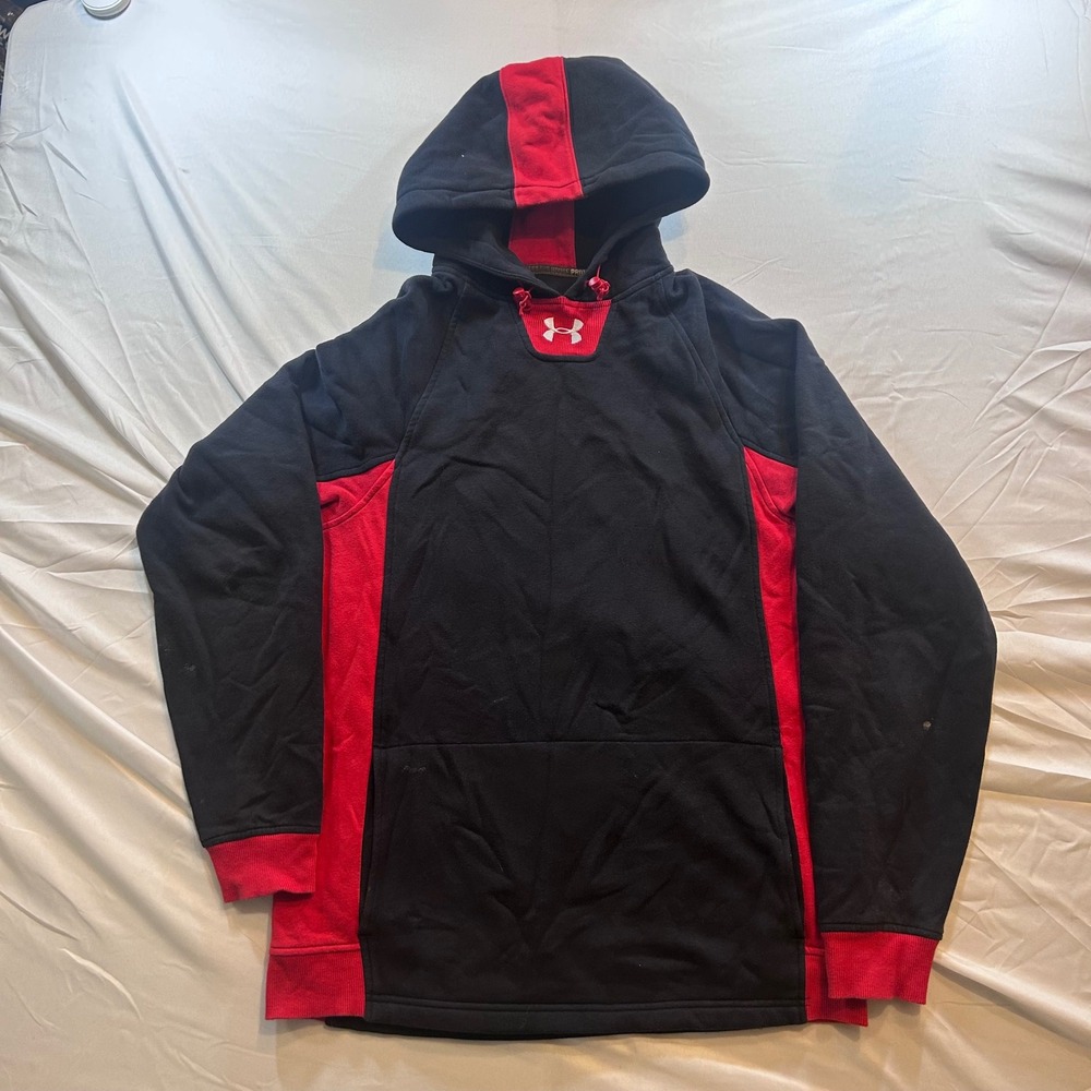 Under Armour ColdGear Hoodie Mens Small Black Red Colorblock Loose Fit Pullover